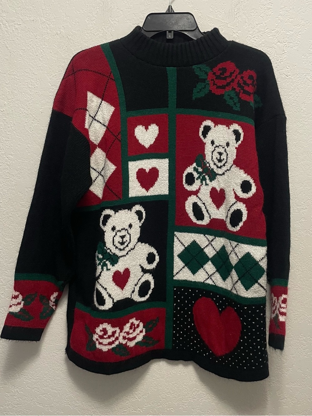 Dana Scott L Vintage 80’s tunic sweater rose teddy bear heart argyle pullover